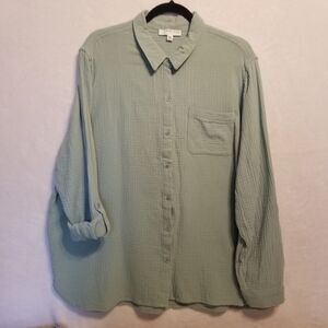 Anne Klein XXL Top Gauze Cotton Roll Tab Sleeve Button Front Sage Green Beachy
